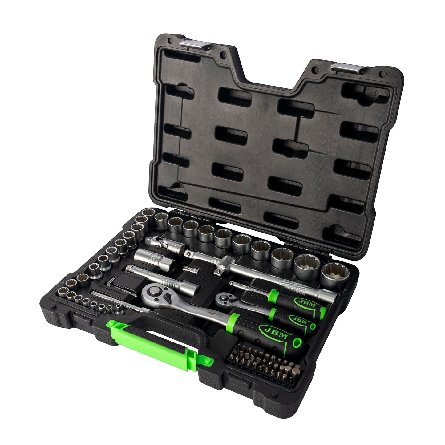 74 PIECE TOOL CASE WITH 12-EDGE 1/2" AND 1/4" ZINC PLATED SOCKETS