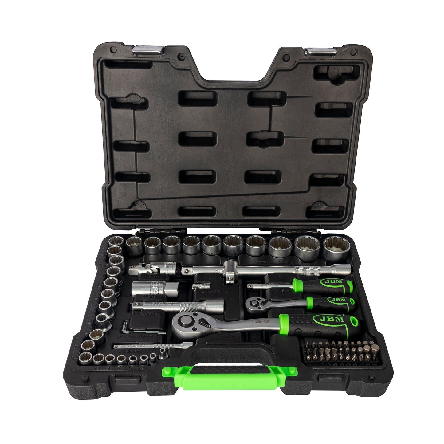 74 PIECE TOOL CASE WITH 12-EDGE 1/2" AND 1/4" ZINC PLATED SOCKETS