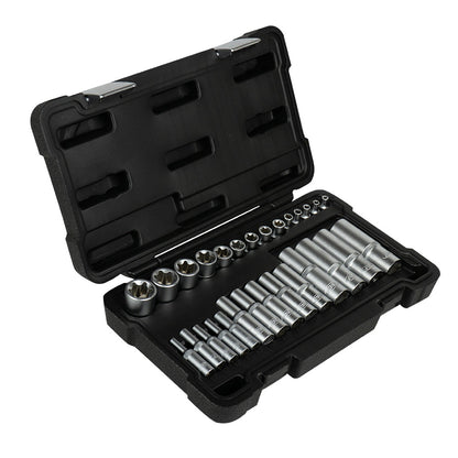 SET DE 28 VASOS TORX CORTOS Y LARGOS 1/2", 1/4" Y 3/8" CINCADO