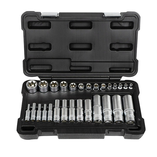 SET DE 28 VASOS TORX CORTOS Y LARGOS 1/2", 1/4" Y 3/8" CINCADO