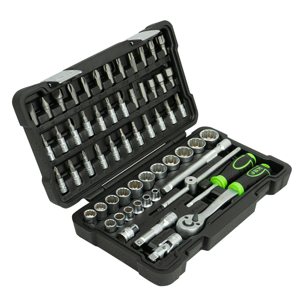 59 PIECE TOOL CASE WITH 12 END 3/8" ZINC PLATED SOCKETS