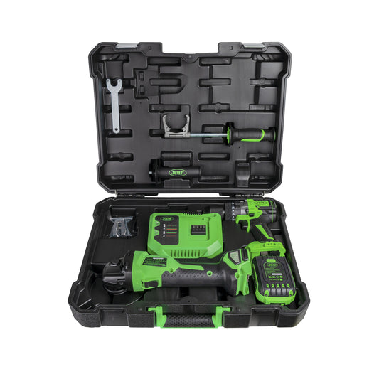 CORDLESS ANGLE GRINDER AND HAMMER DRILL KIT WITH CASE